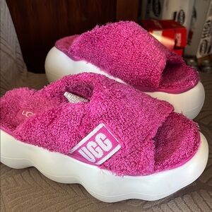 UGG Pink Fluffy Platform Sugar Cloud Slides